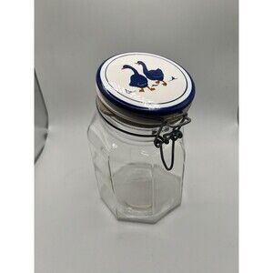 Vintage Glass Geese Goose Canister w/ Ceramic Bale Lid Blue & White Italy EUC